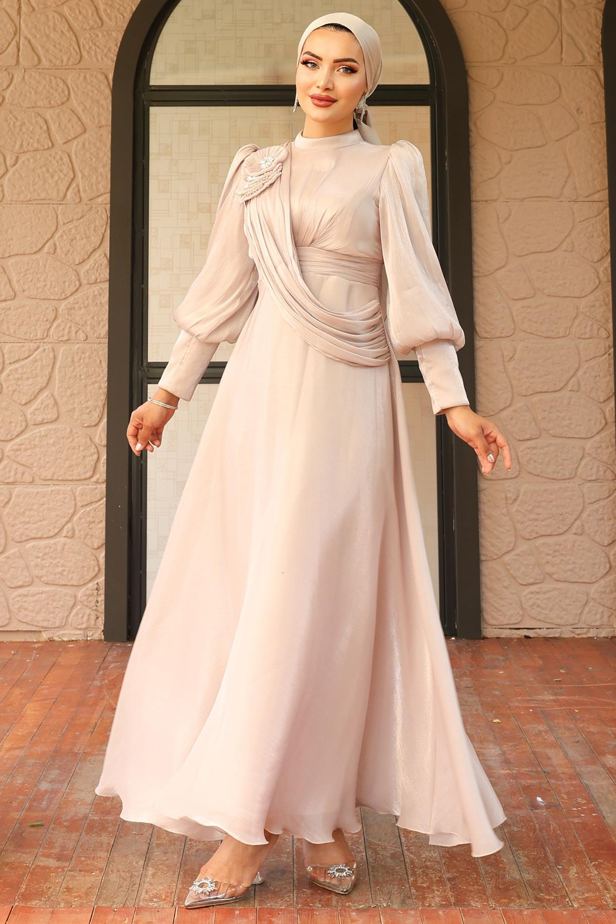 Flared Yorgo Silk Hijab Evening Dress with Brooch Detail STONE 1242
