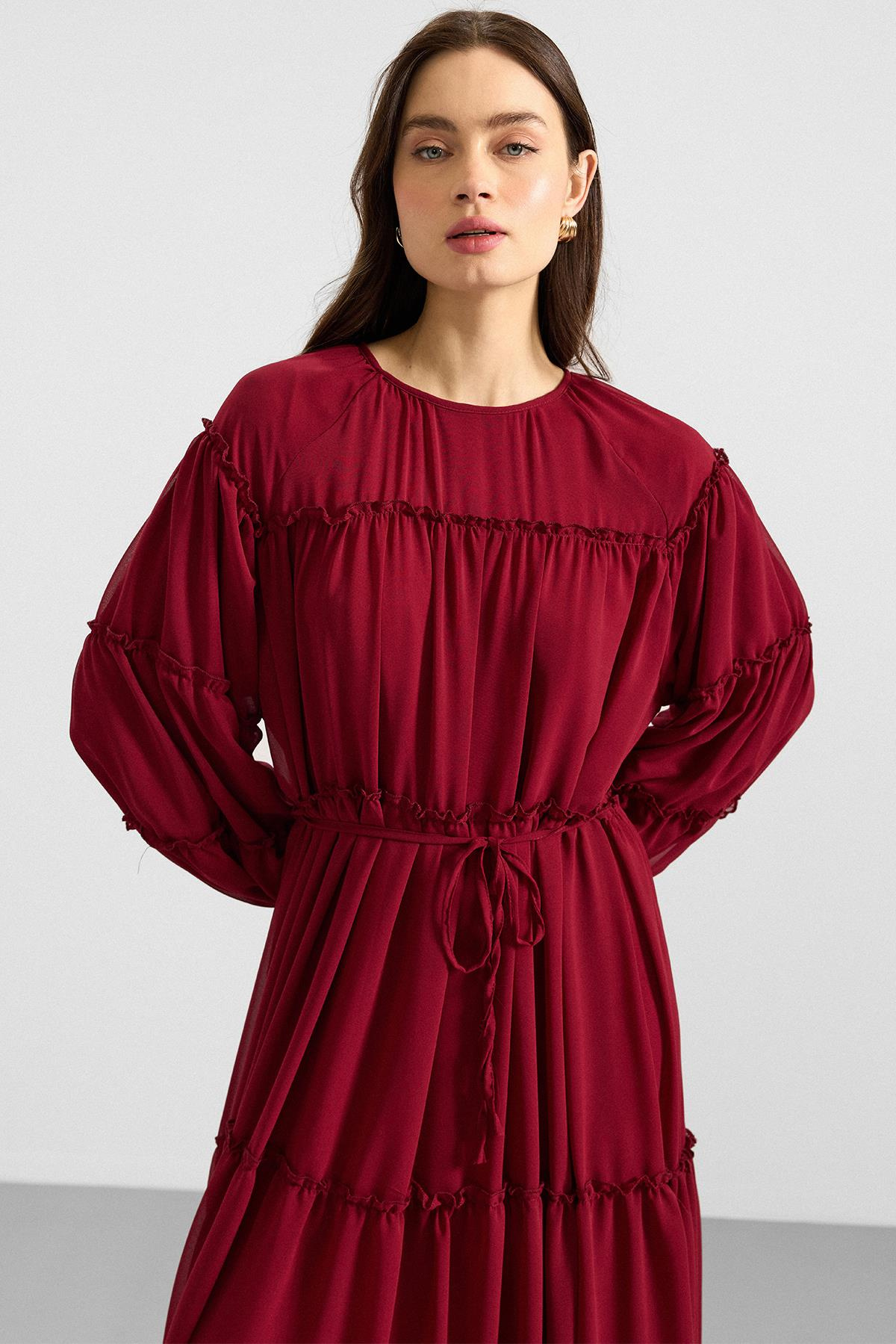 Büzgü Detaylı Şifon Elbise BORDO 9416-E