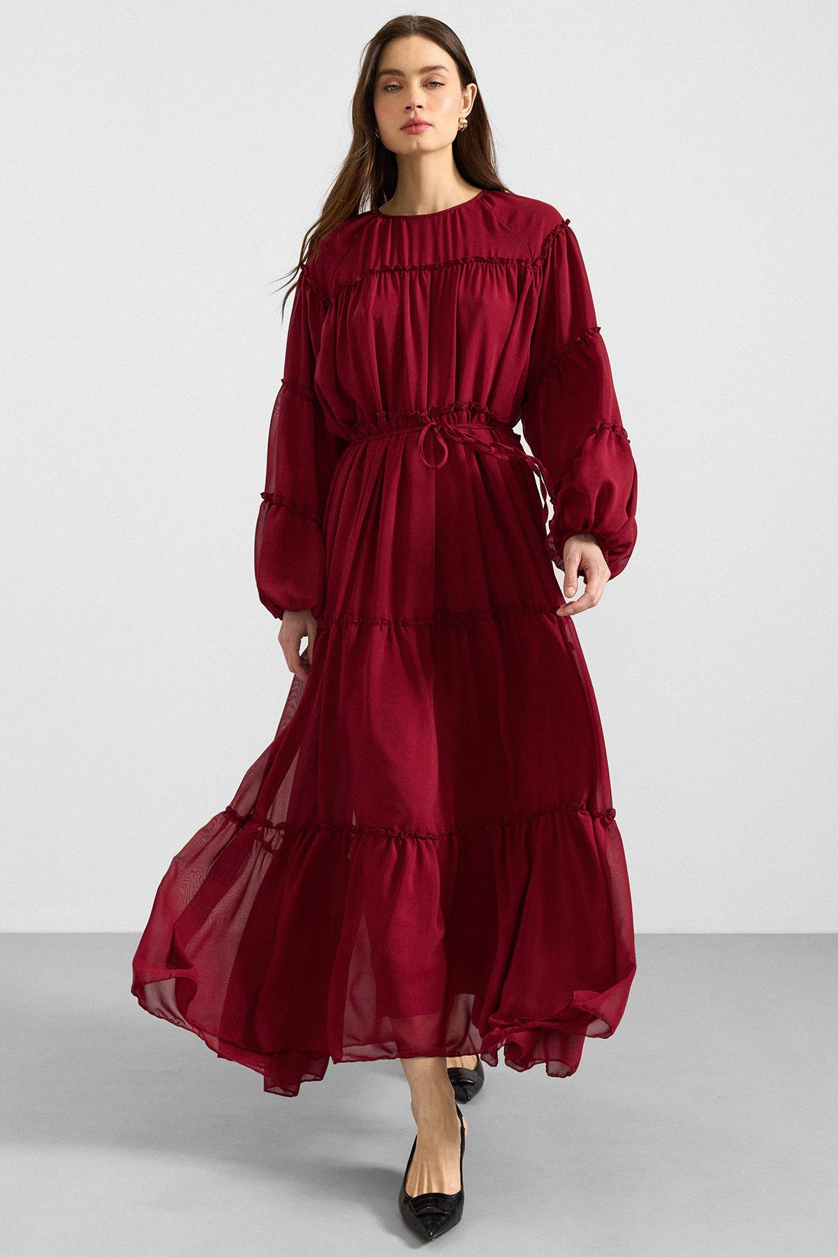 Büzgü Detaylı Şifon Elbise BORDO 9416-E