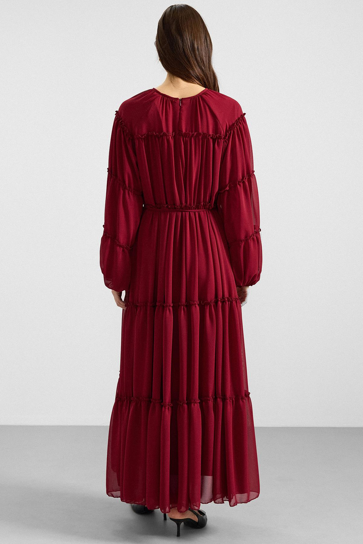Büzgü Detaylı Şifon Elbise BORDO 9416-E