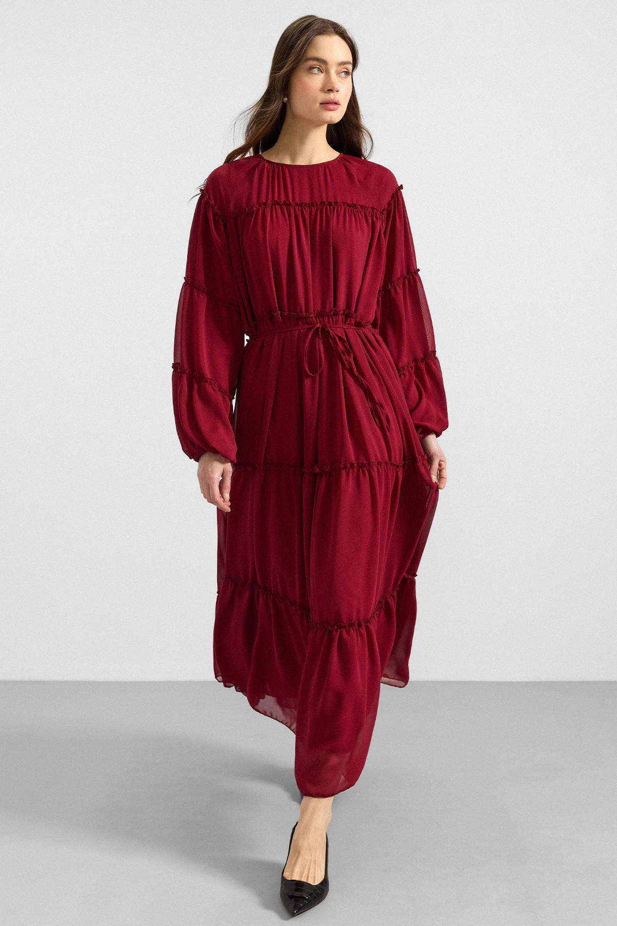 Büzgü Detaylı Şifon Elbise BORDO 9416-E