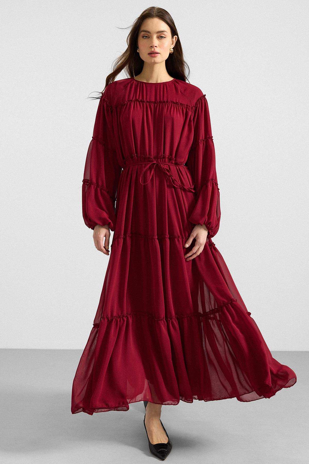 Büzgü Detaylı Şifon Elbise BORDO 9416-E