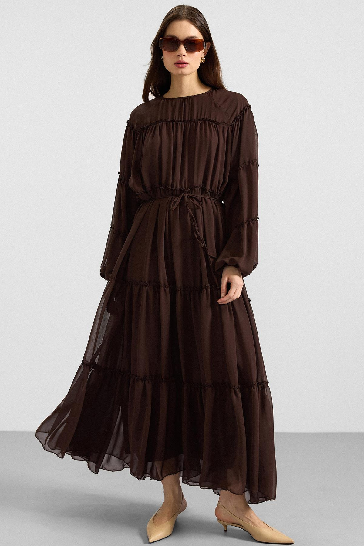 Büzgü Detaylı Şifon Elbise KAHVE 9416-E