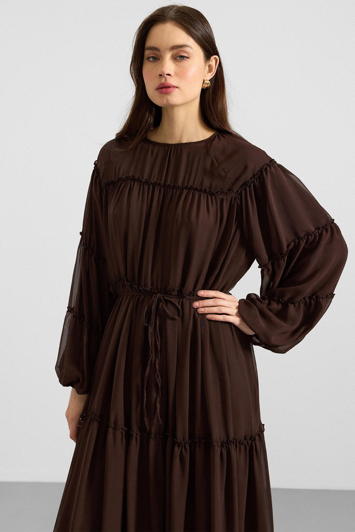 Büzgü Detaylı Şifon Elbise KAHVE 9416-E