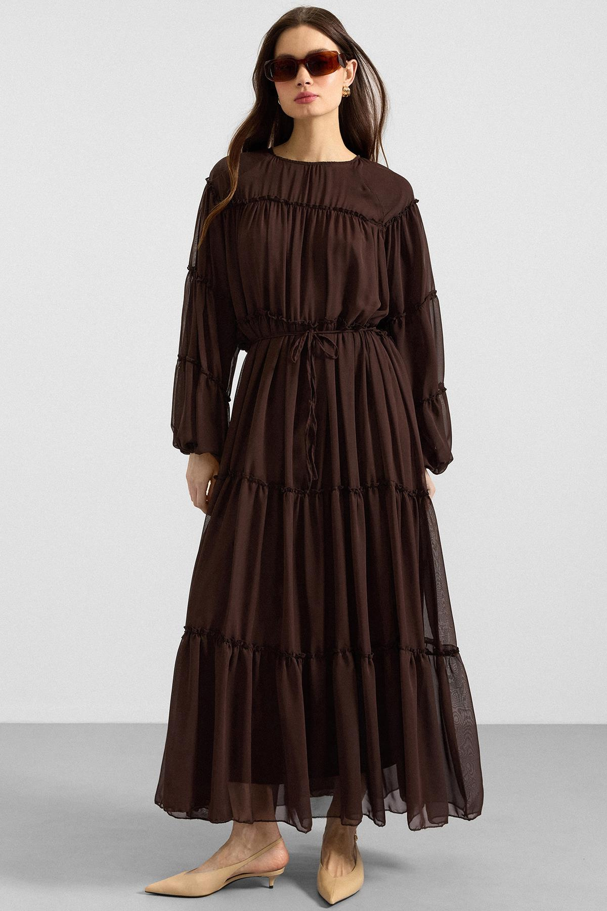Büzgü Detaylı Şifon Elbise KAHVE 9416-E