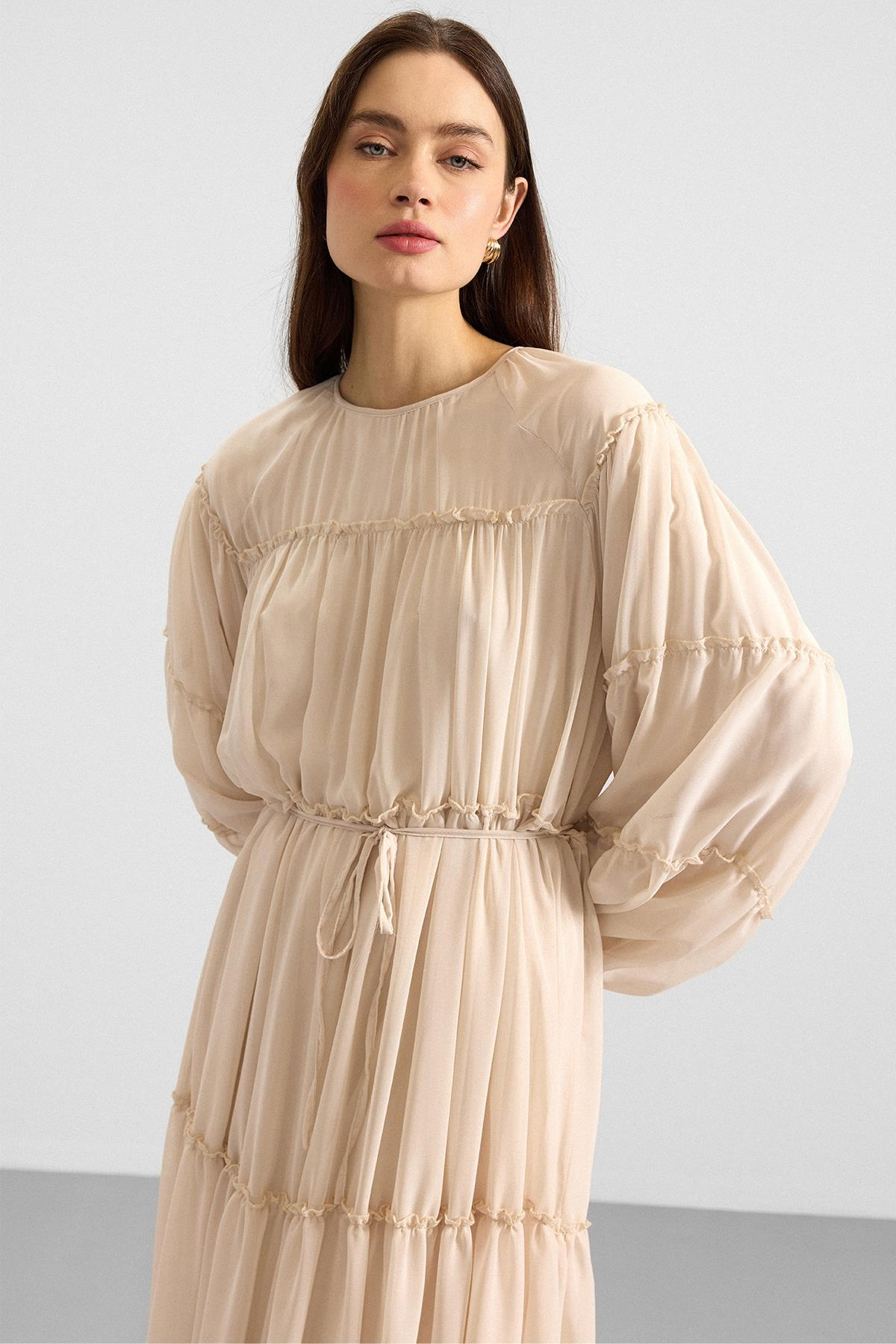 Büzgü Detaylı Şifon Elbise KREM 9416-E