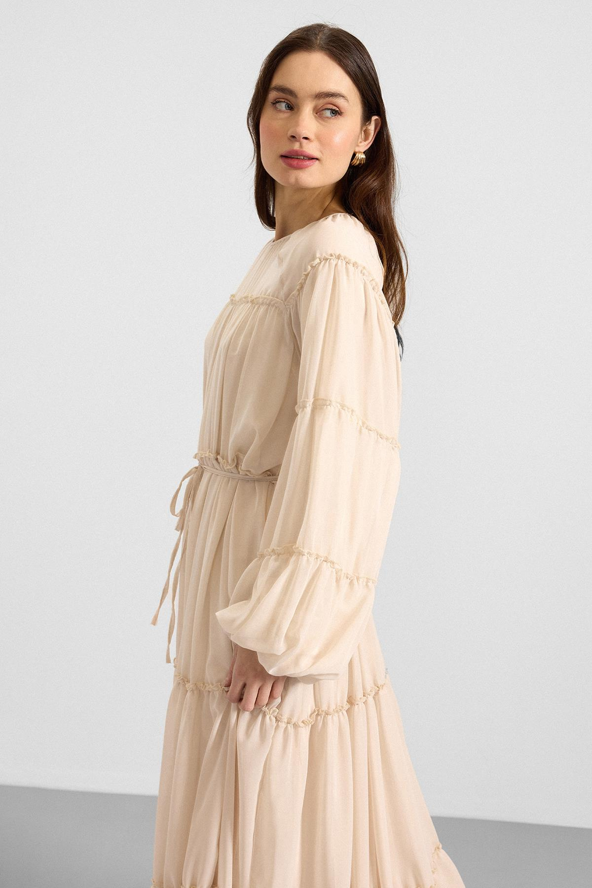 Büzgü Detaylı Şifon Elbise KREM 9416-E