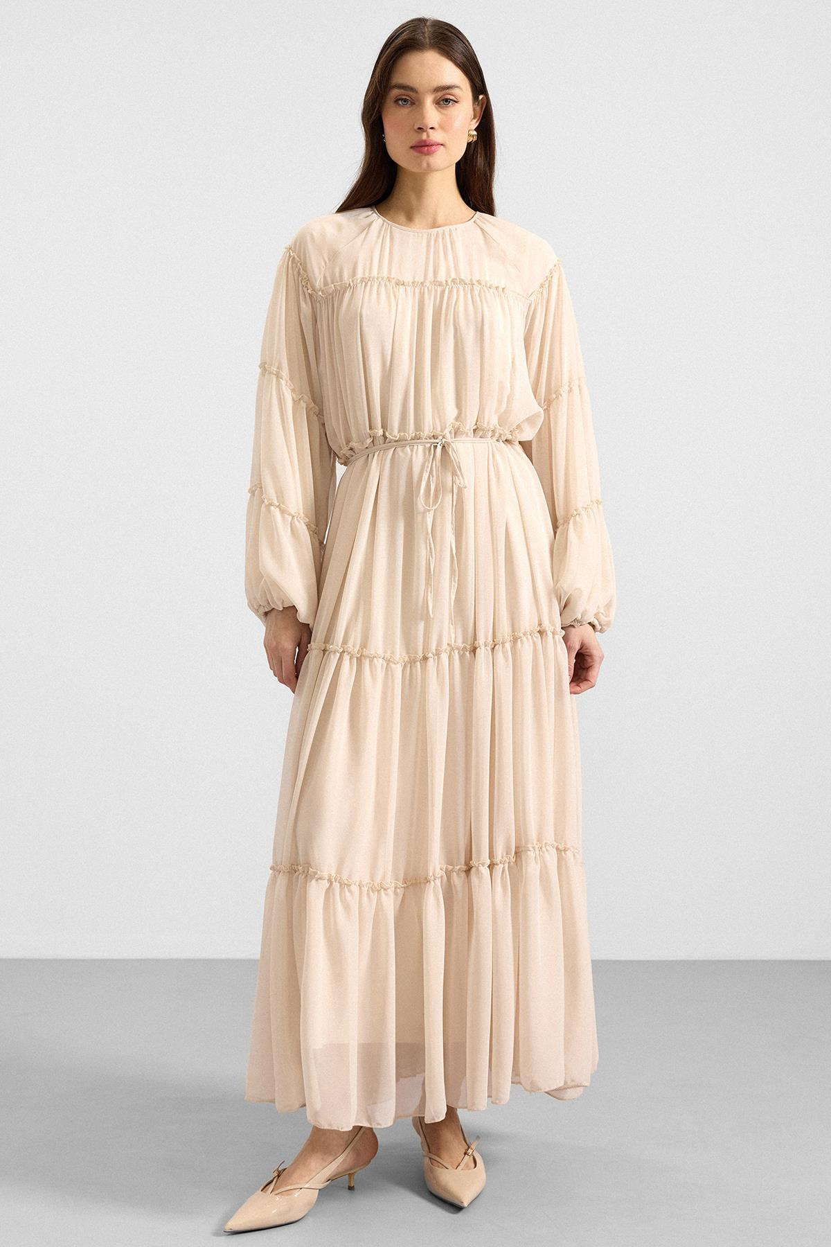 Büzgü Detaylı Şifon Elbise KREM 9416-E