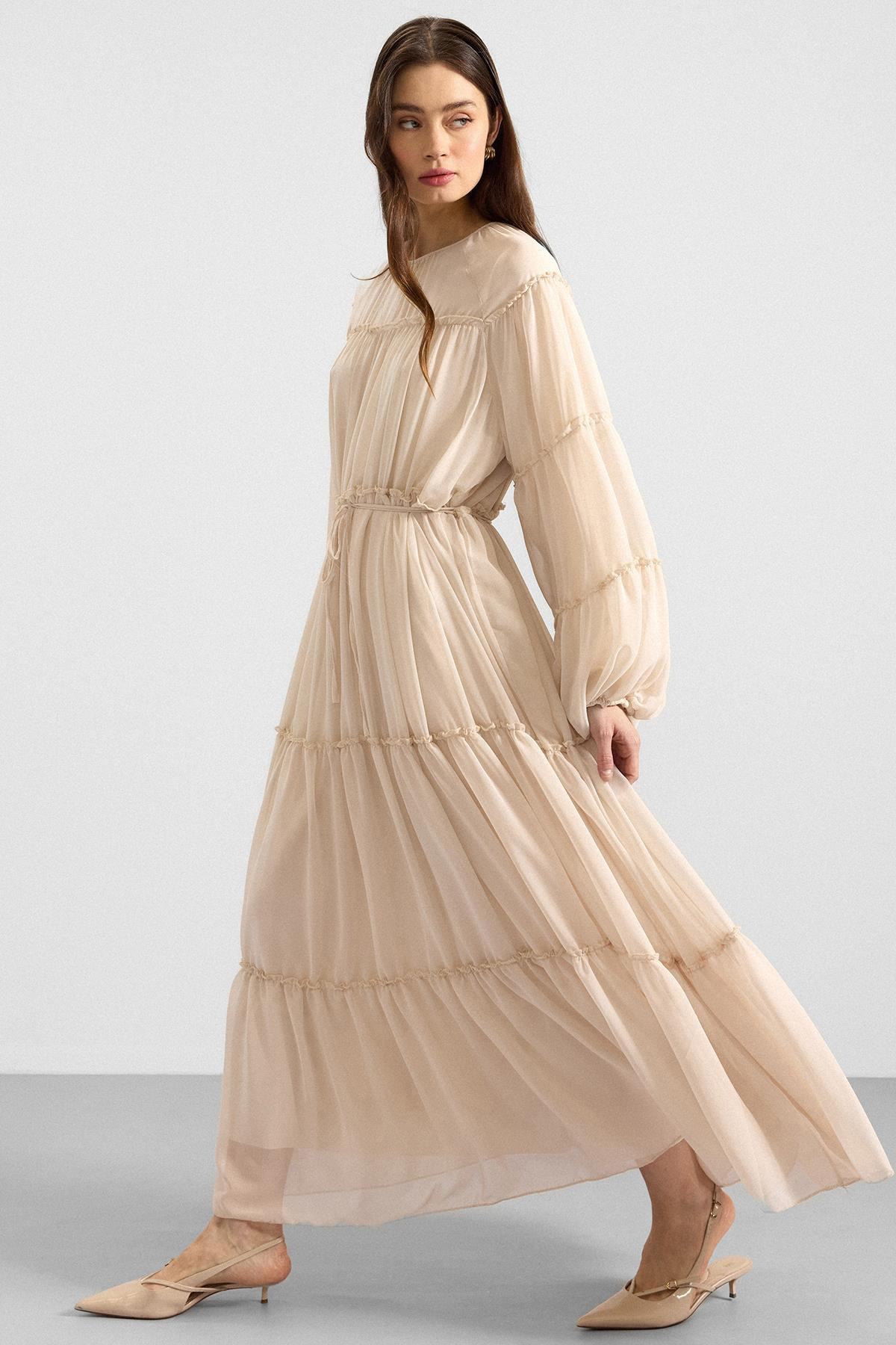 Büzgü Detaylı Şifon Elbise KREM 9416-E