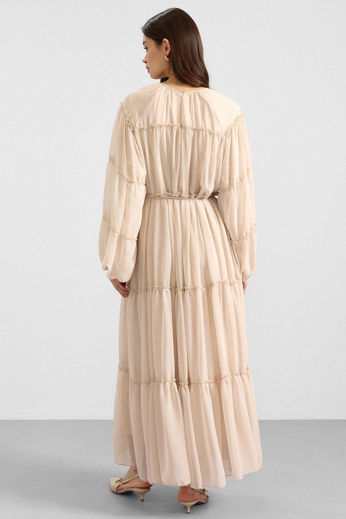 Büzgü Detaylı Şifon Elbise KREM 9416-E