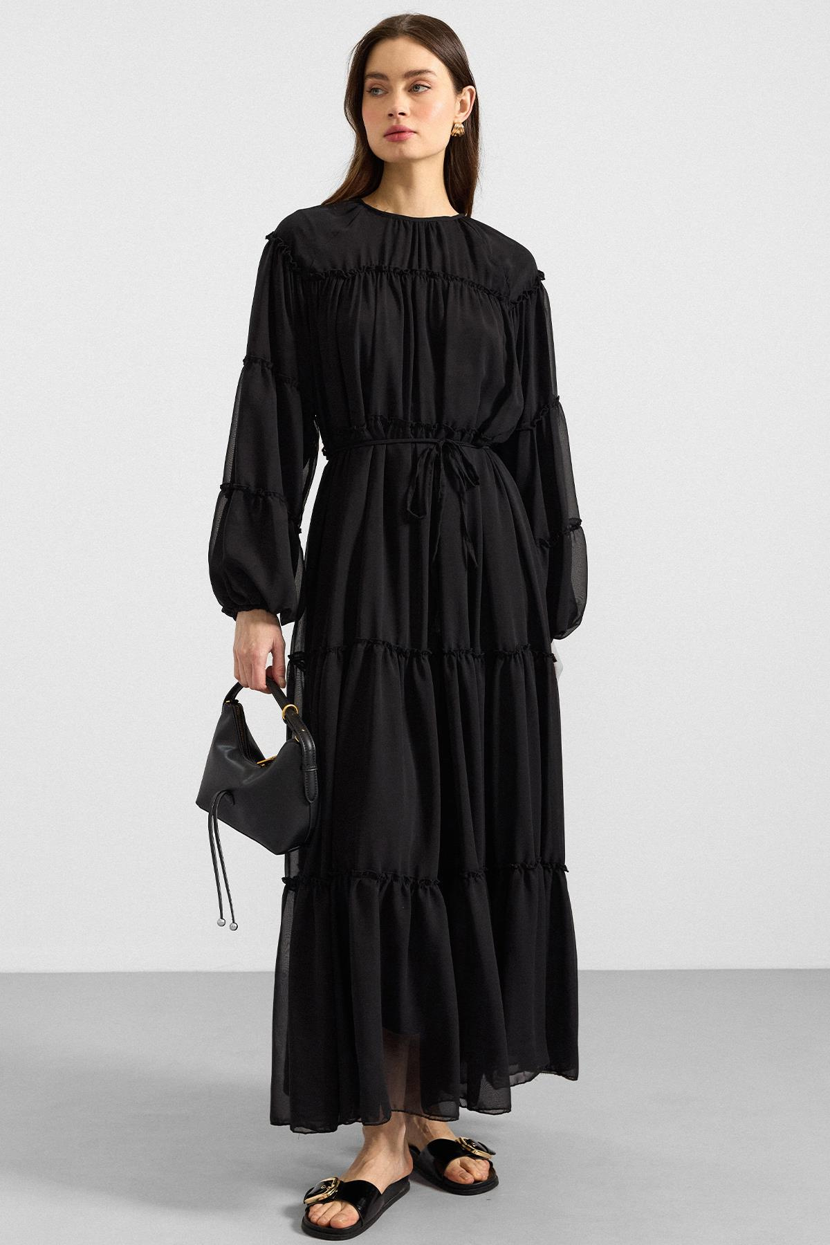 Büzgü Detaylı Şifon Elbise SİYAH 9416-E