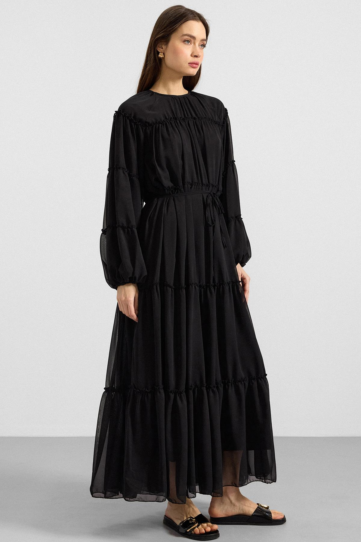 Büzgü Detaylı Şifon Elbise SİYAH 9416-E