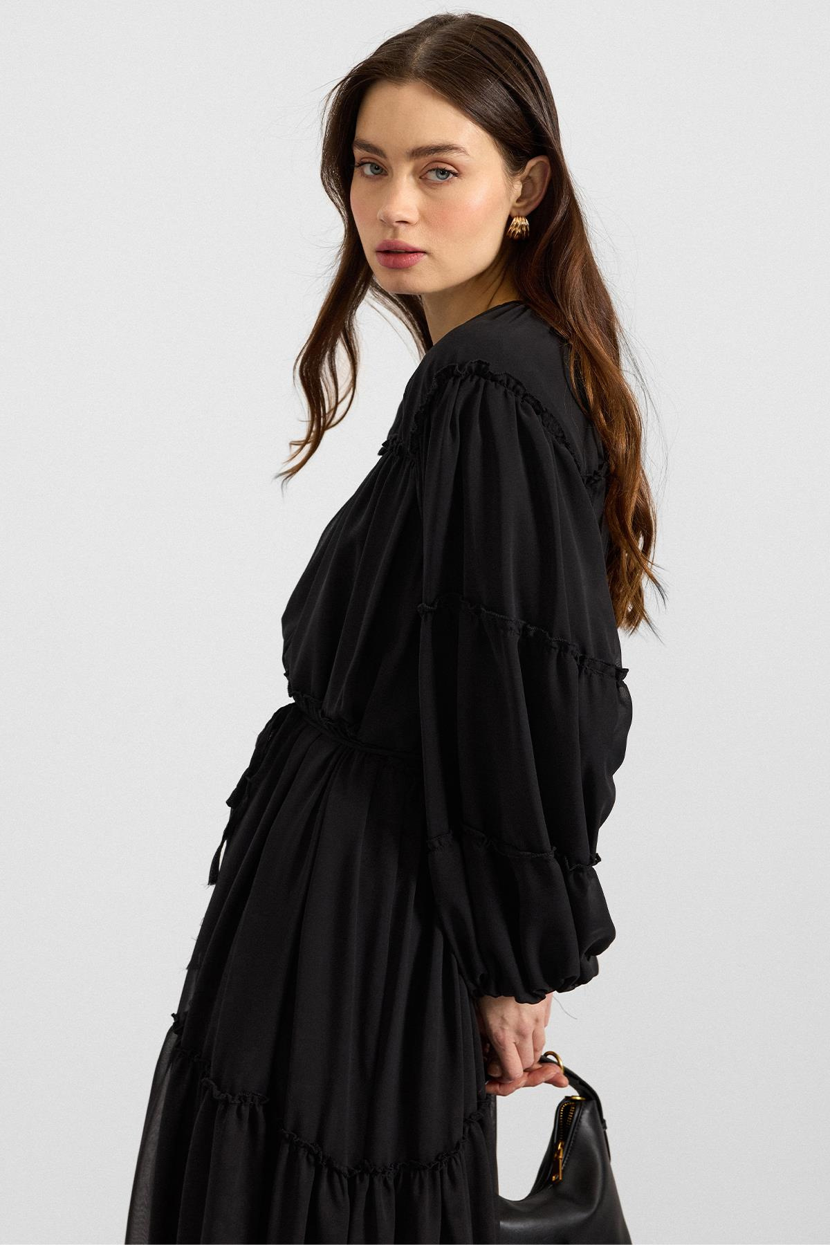 Büzgü Detaylı Şifon Elbise SİYAH 9416-E