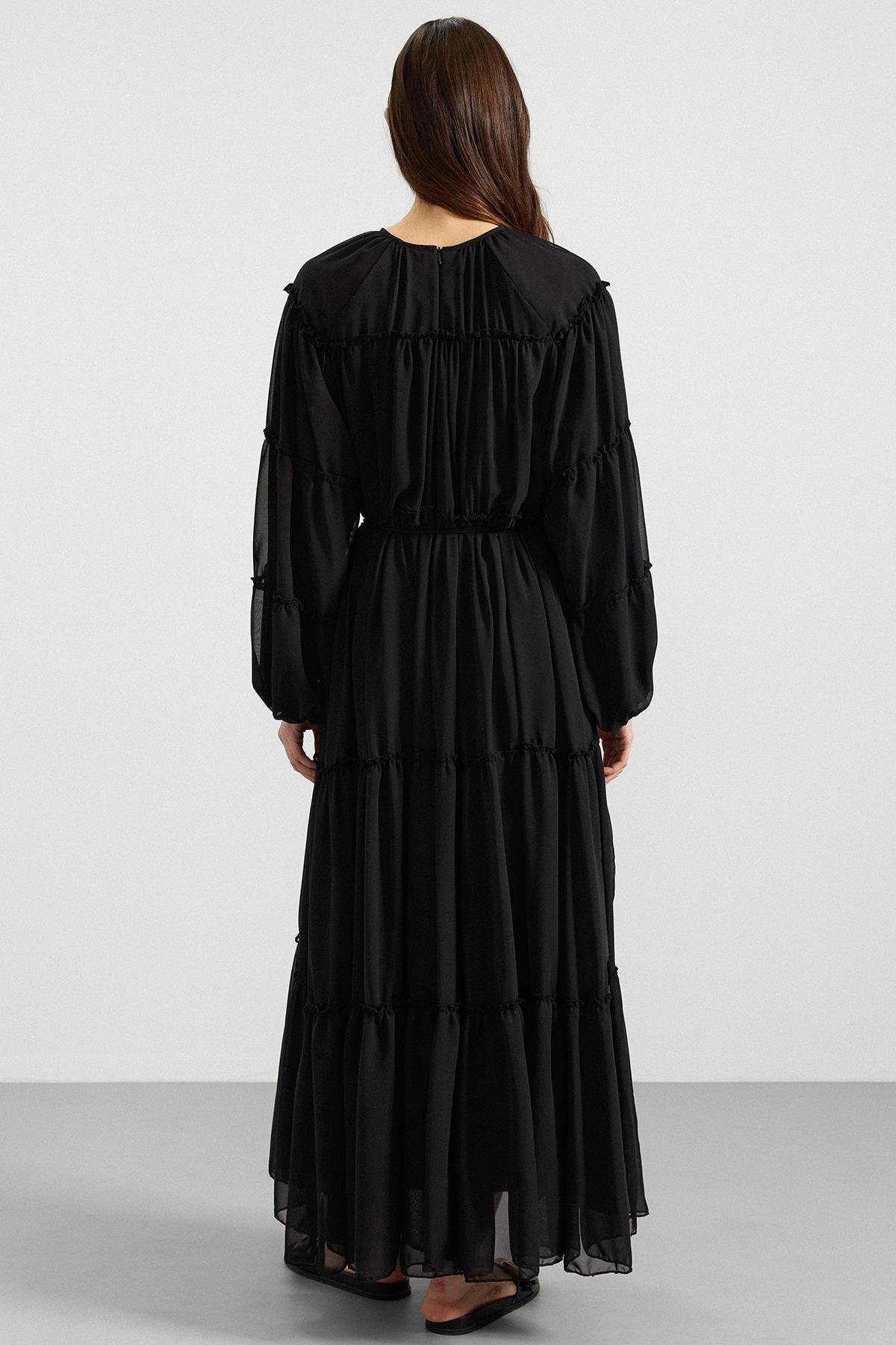 Büzgü Detaylı Şifon Elbise SİYAH 9416-E