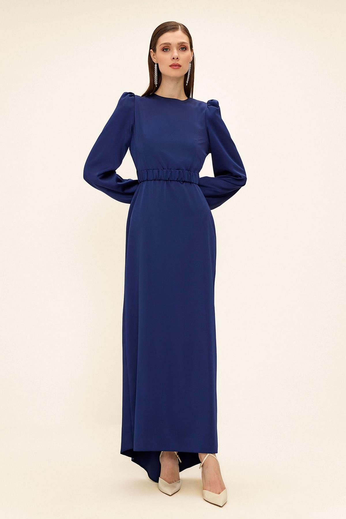 Satin Hijab Evening Dress with Pleated Belt Detail İNDİGO 1679