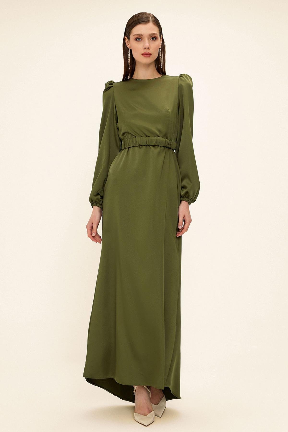 Satin Hijab Evening Dress with Pleated Belt Detail LIGHT GREEN 1679