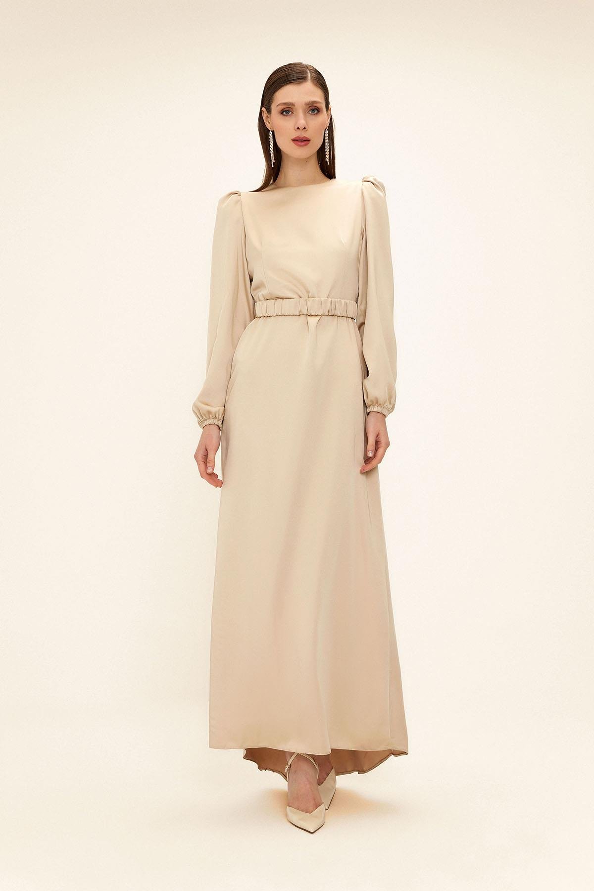 Satin Hijab Evening Dress with Pleated Belt Detail IVORY 1679
