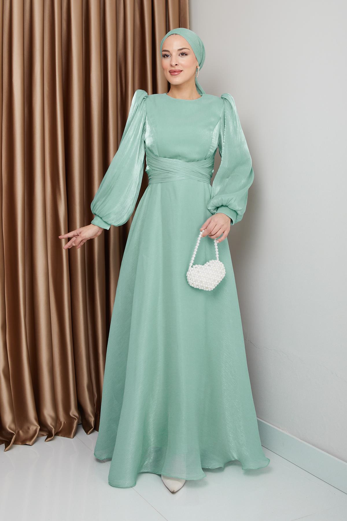 Yoryo Silk Hijab Evening Dress with Cross Belt AS 1238