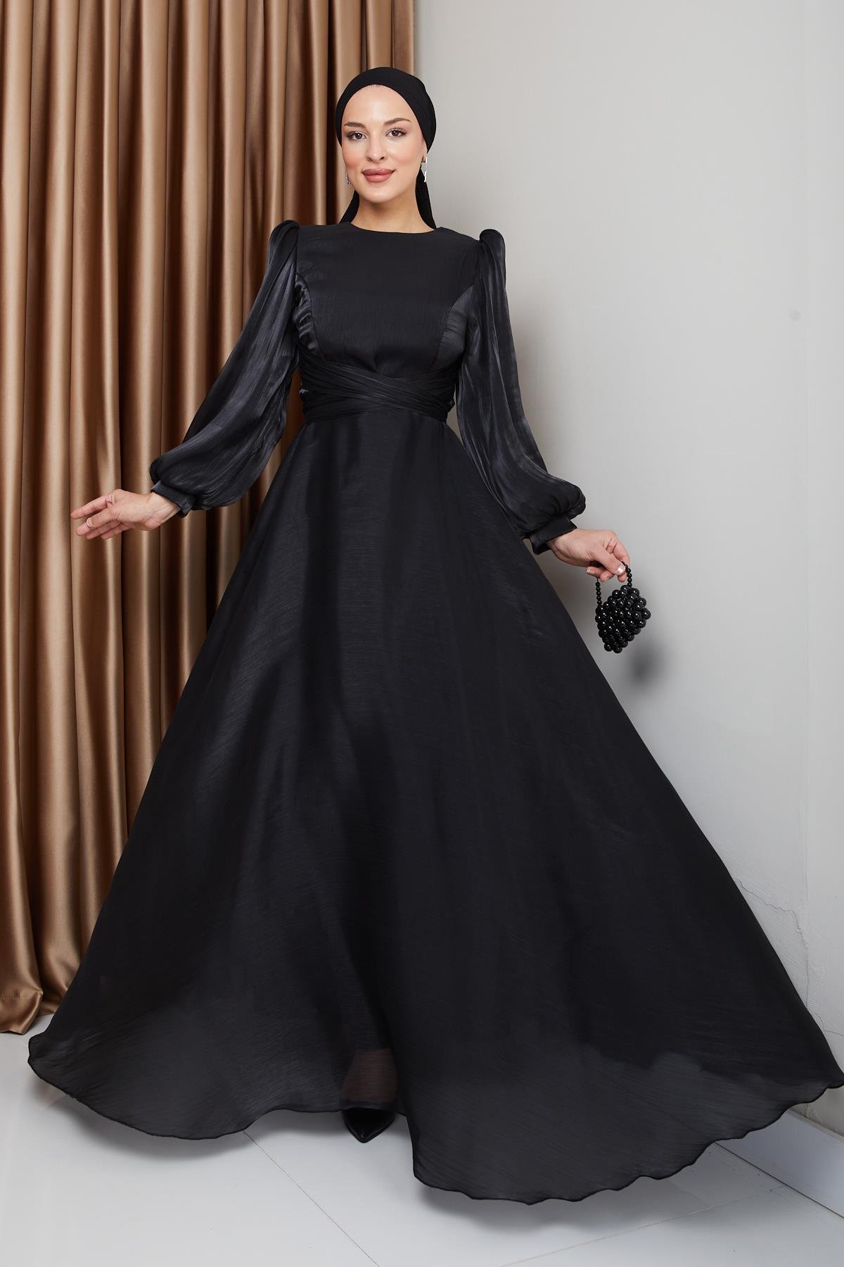 Yoryo Silk Hijab Evening Dress with Cross Belt BLACK 1238