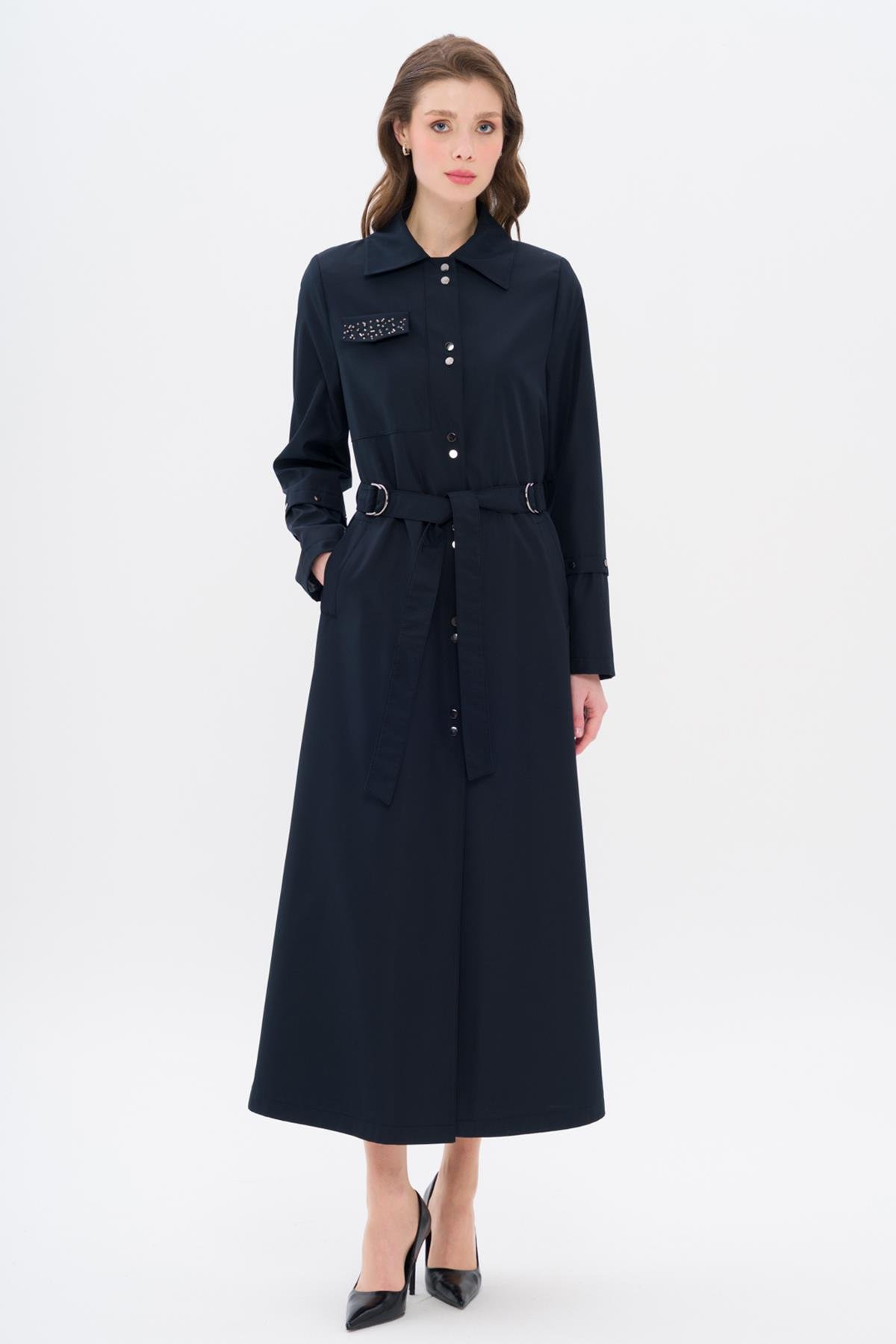 معطف رياضي مبطن بنقوش مع جيب بتفاصيل حجرية الأزرق الداكن 4306