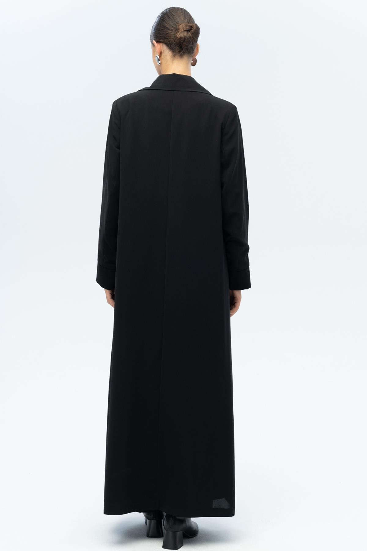 Ceket Yaka Broş Detaylı Astarlı Büyük Beden Pardesü SİYAH 6691-A