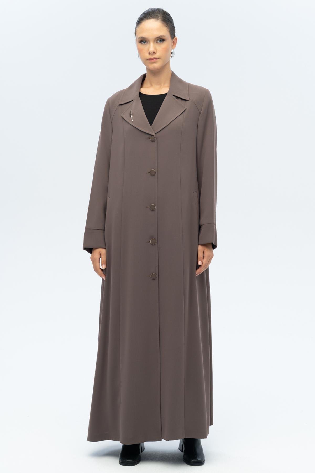 Ceket Yaka Broş Detaylı Astarlı Büyük Beden Pardesü VİZON 6691-A