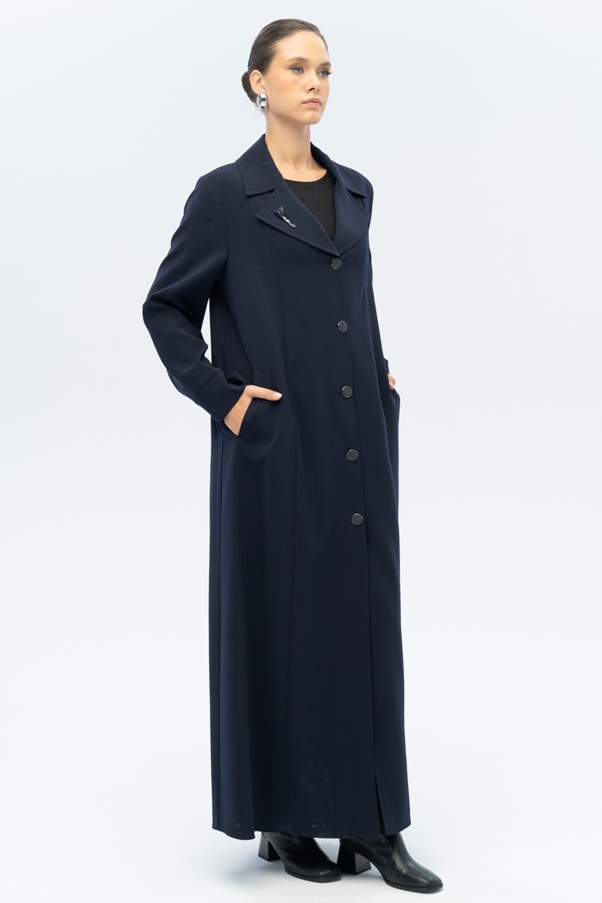 Ceket Yaka Broş Detaylı Astarlı Büyük Beden Pardesü LACİVERT 6691-A