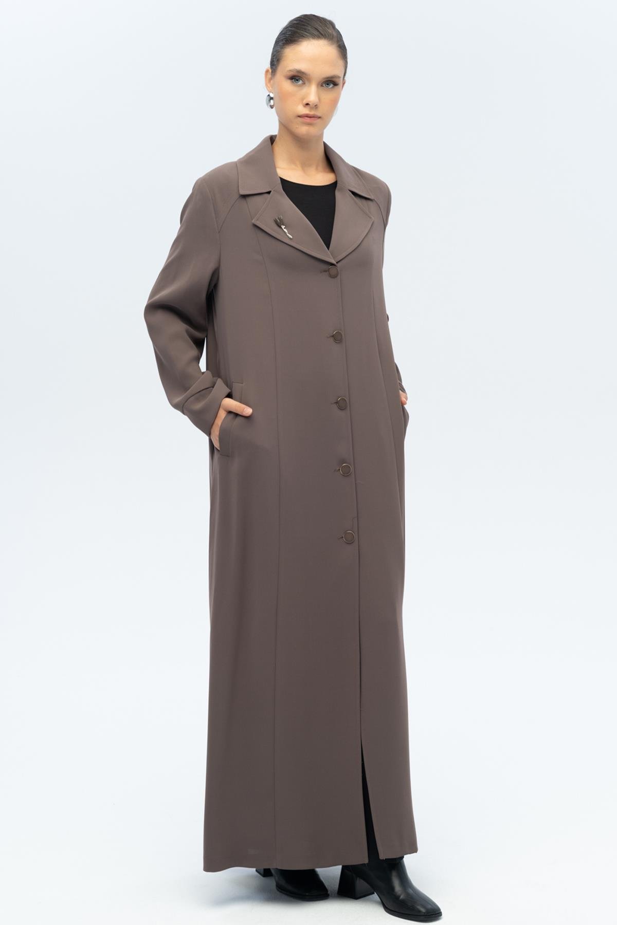 Ceket Yaka Broş Detaylı Astarlı Büyük Beden Pardesü VİZON 6691-A