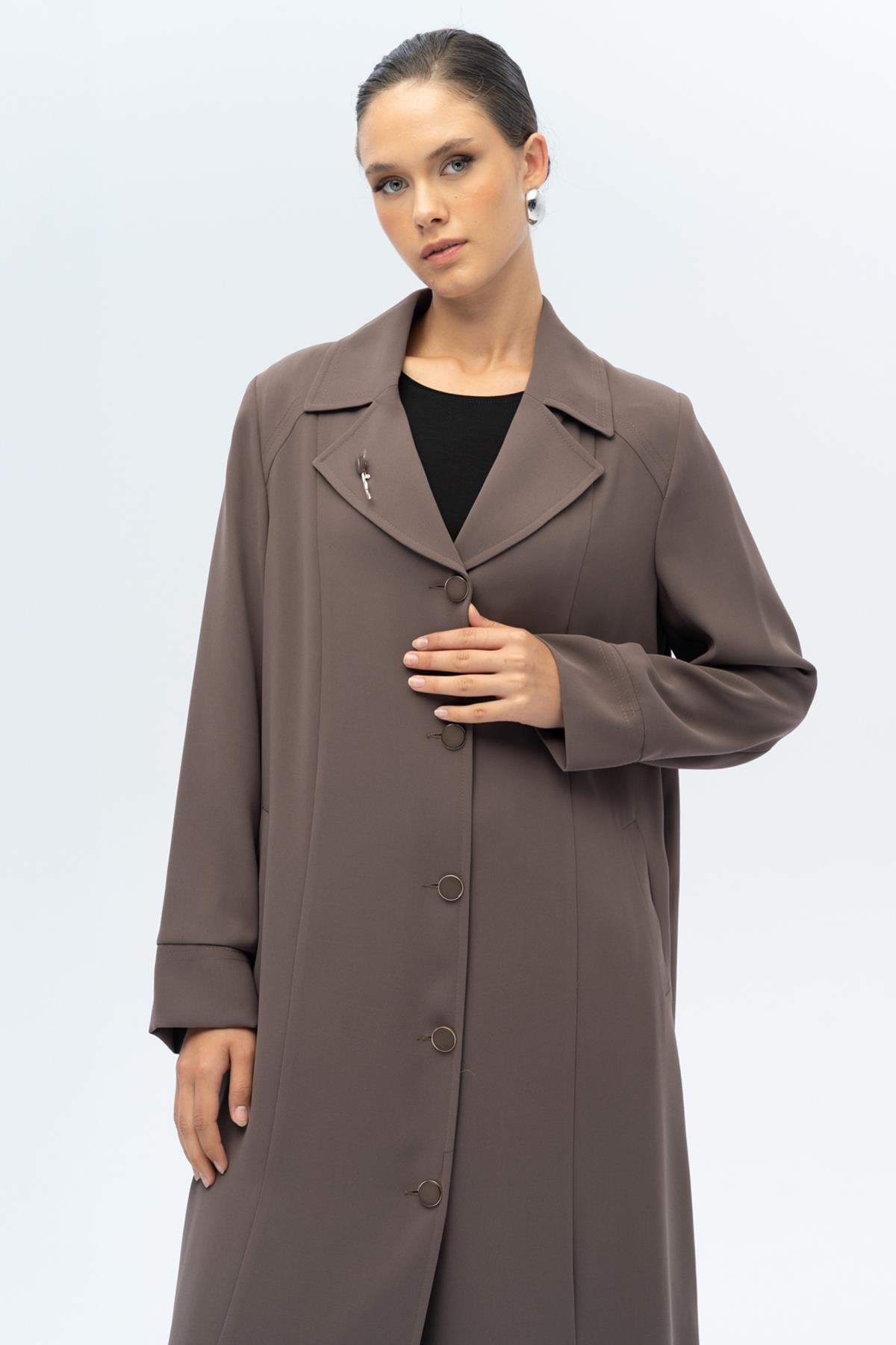Ceket Yaka Broş Detaylı Astarlı Büyük Beden Pardesü VİZON 6691-A