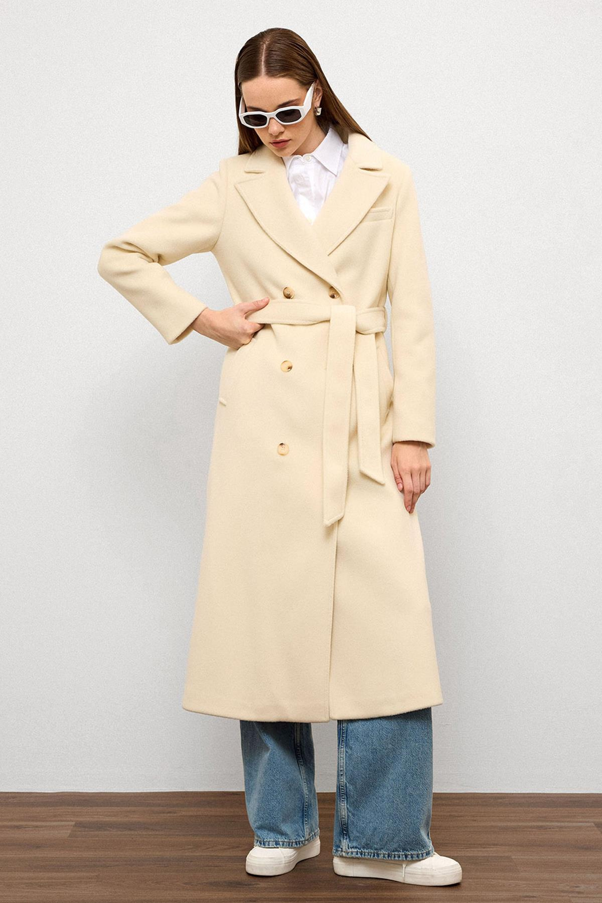 معطف متوسط الطول ذو ياقة جاكيت وصديرية مزدوجة وحدة التحكم الإلكترونية 3094