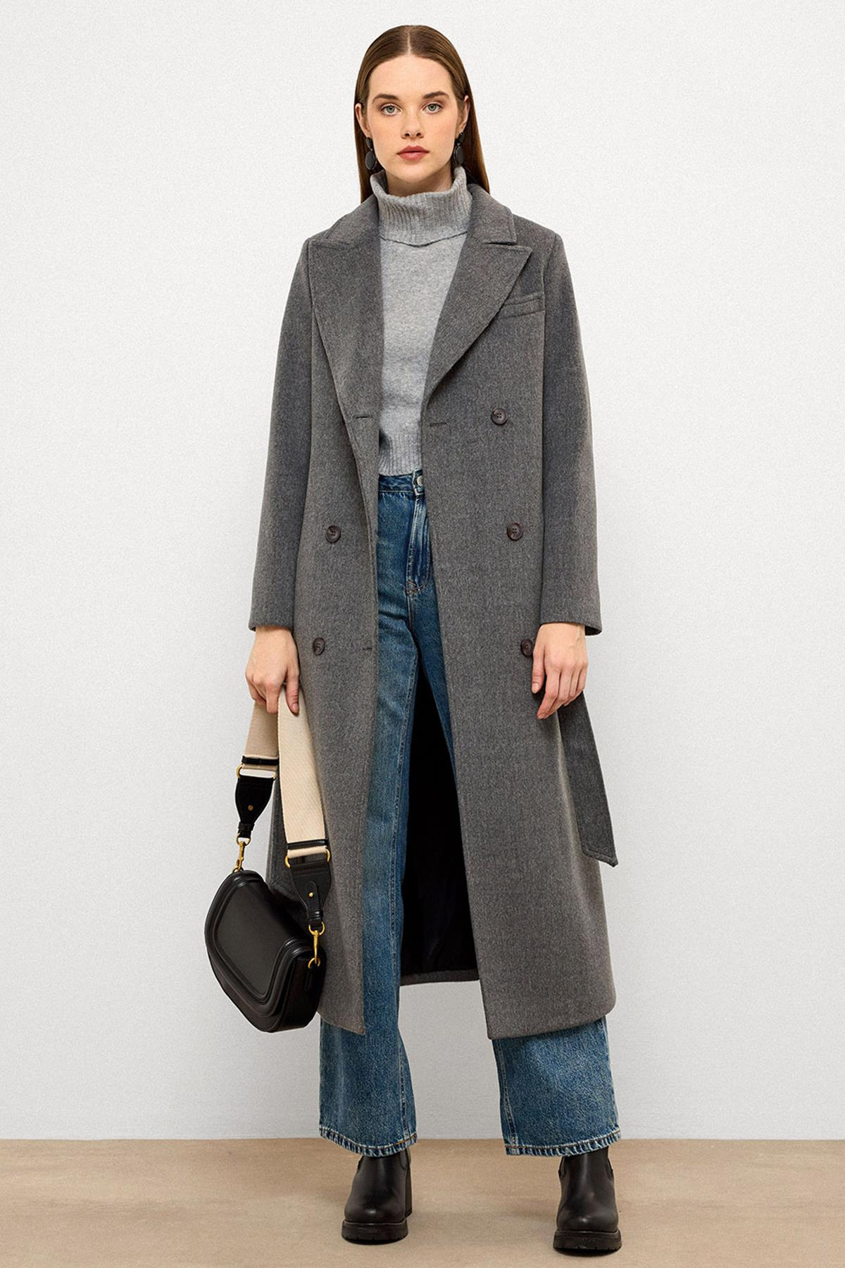 Jacket Collar Double Breasted Mid Length Coat GREY 3094