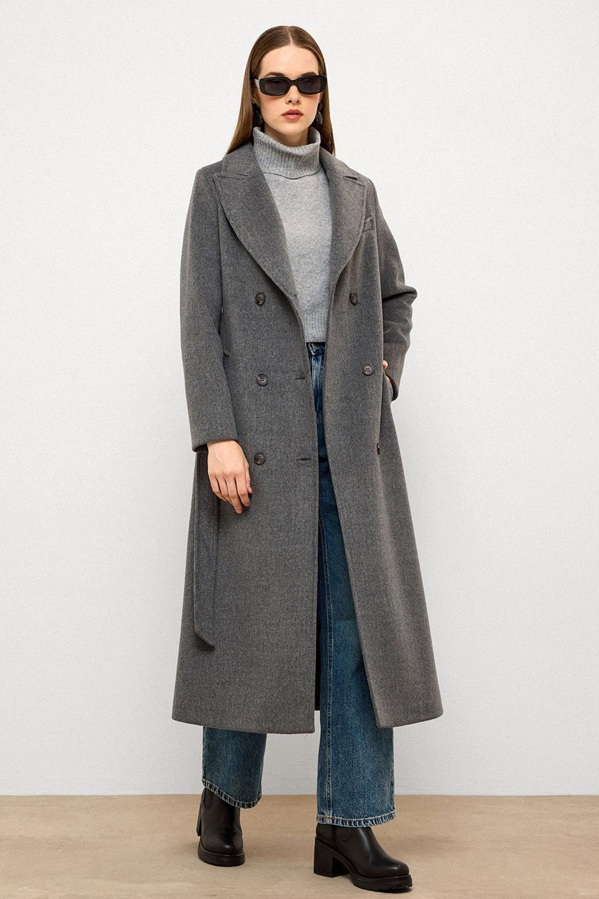 Jacket Collar Double Breasted Mid Length Coat GREY 3094