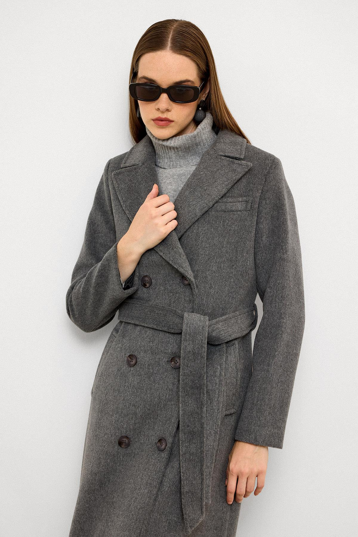 Jacket Collar Double Breasted Mid Length Coat GREY 3094