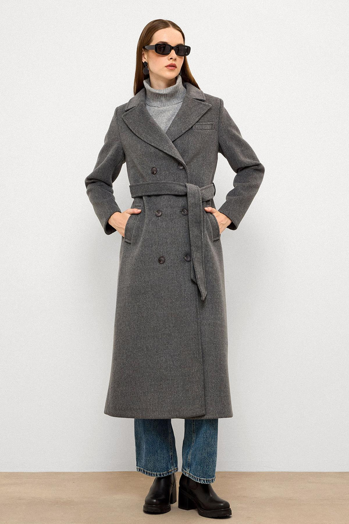 Jacket Collar Double Breasted Mid Length Coat GREY 3094