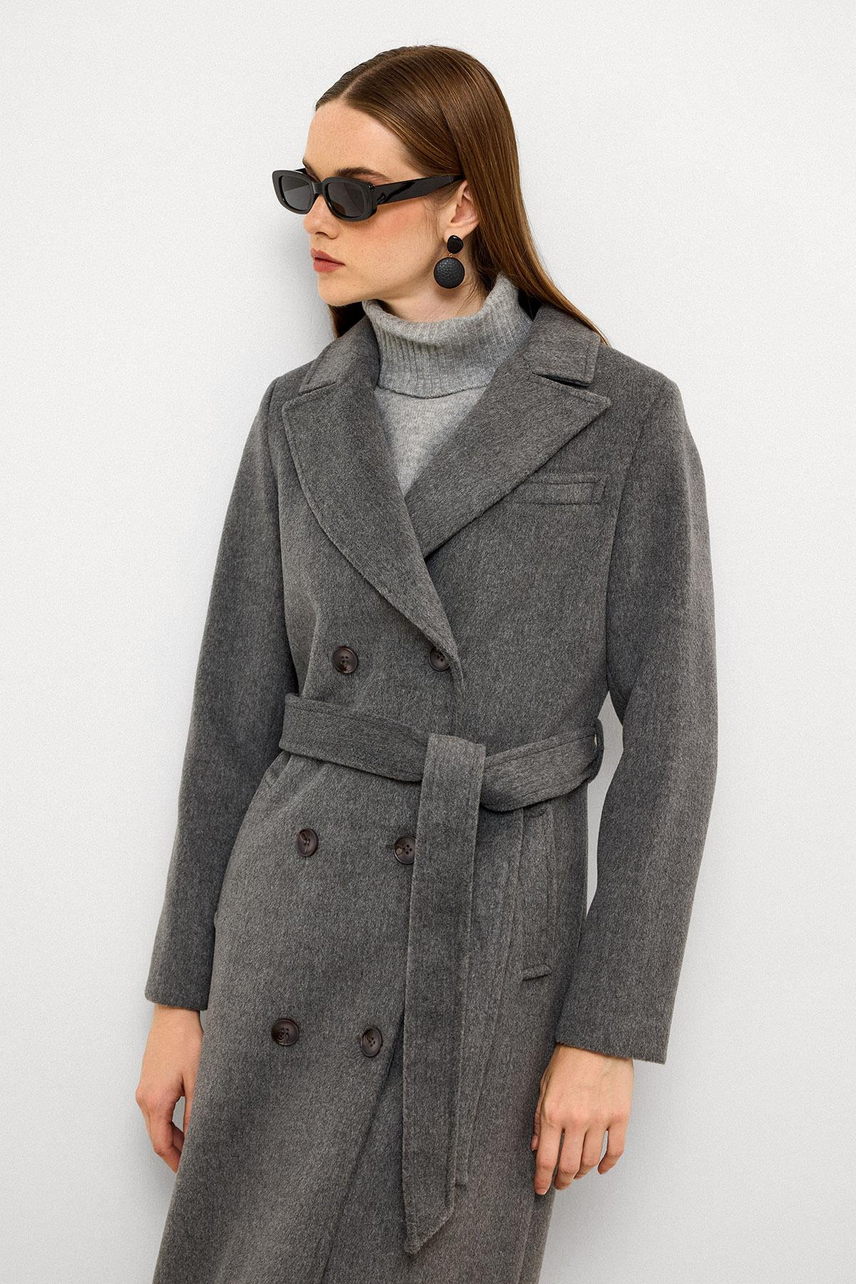 Jacket Collar Double Breasted Mid Length Coat GREY 3094