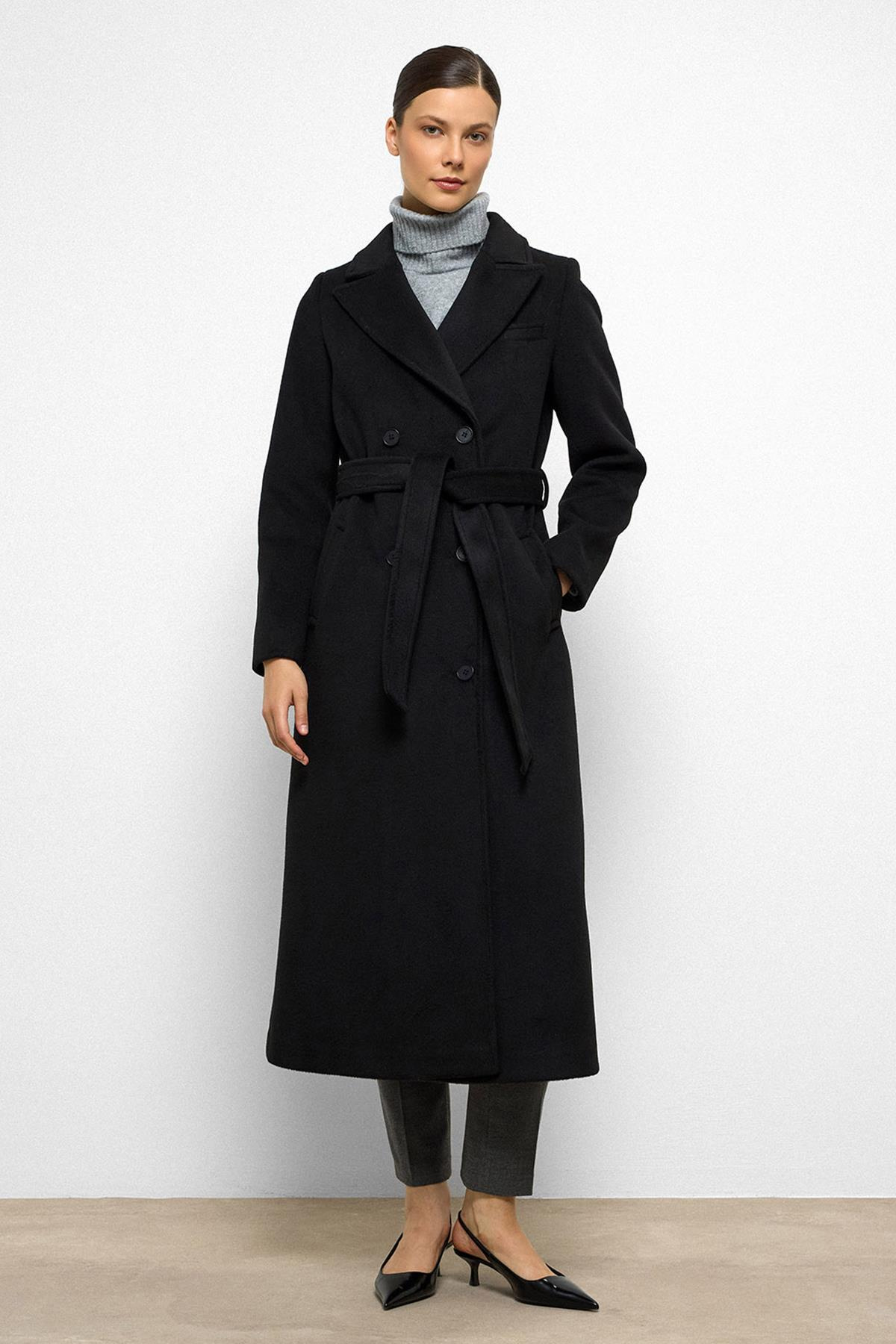 Jacket Collar Double Breasted Mid Length Coat BLACK 3094