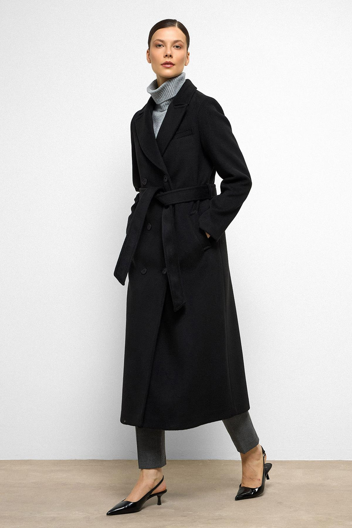 Jacket Collar Double Breasted Mid Length Coat BLACK 3094