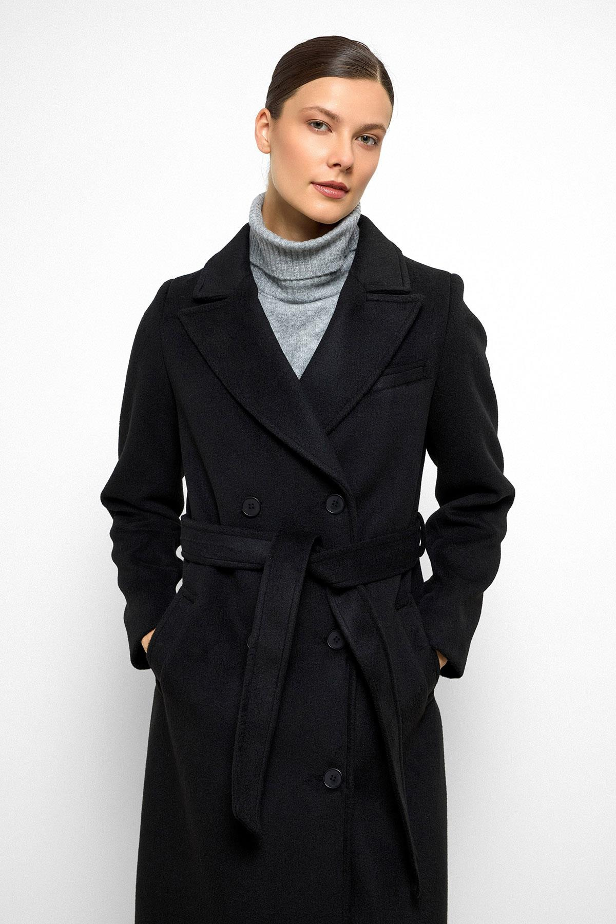 Jacket Collar Double Breasted Mid Length Coat BLACK 3094