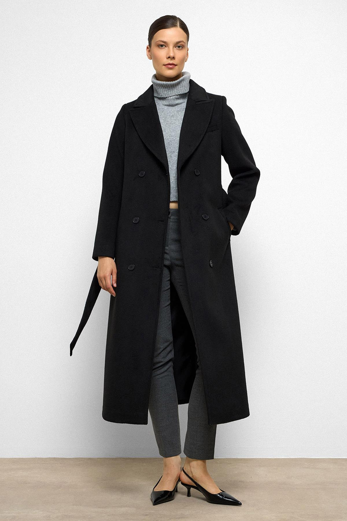 Jacket Collar Double Breasted Mid Length Coat BLACK 3094