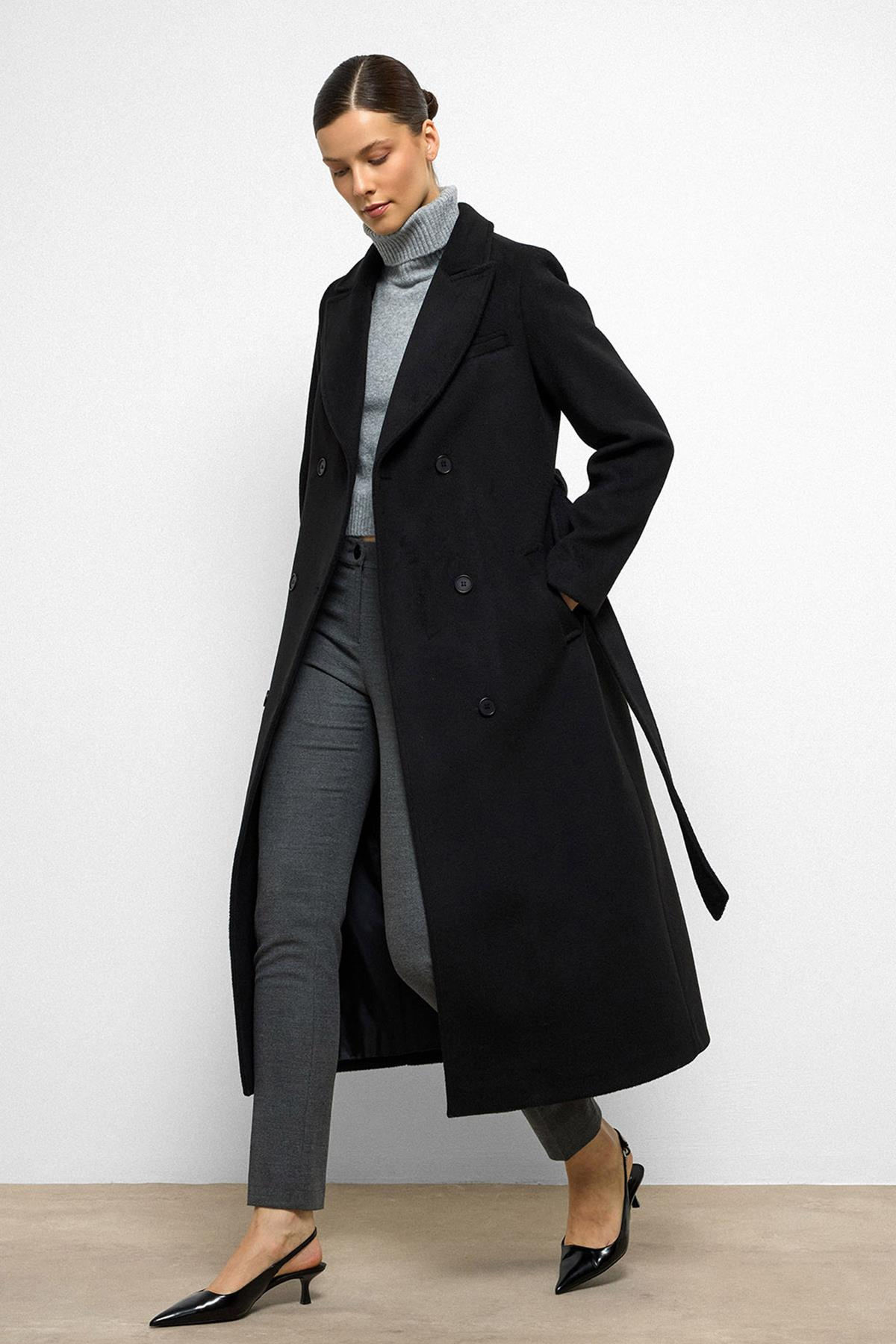 Jacket Collar Double Breasted Mid Length Coat BLACK 3094