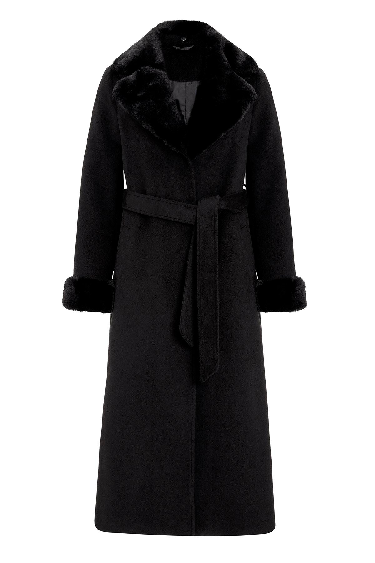 معطف طويل مبطن بالفرو مع ياقة وأكمام قابلة للفصل أسود 3088