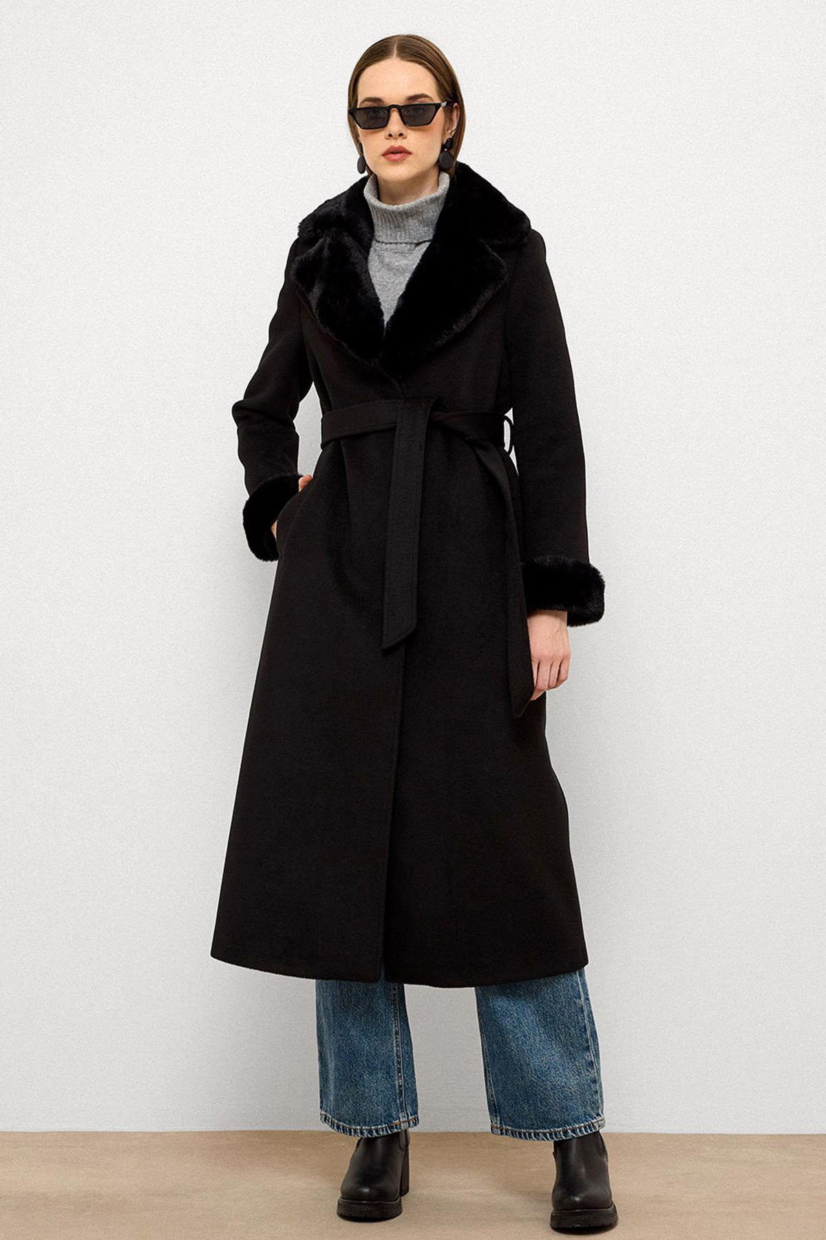 معطف طويل مبطن بالفرو مع ياقة وأكمام قابلة للفصل أسود 3088