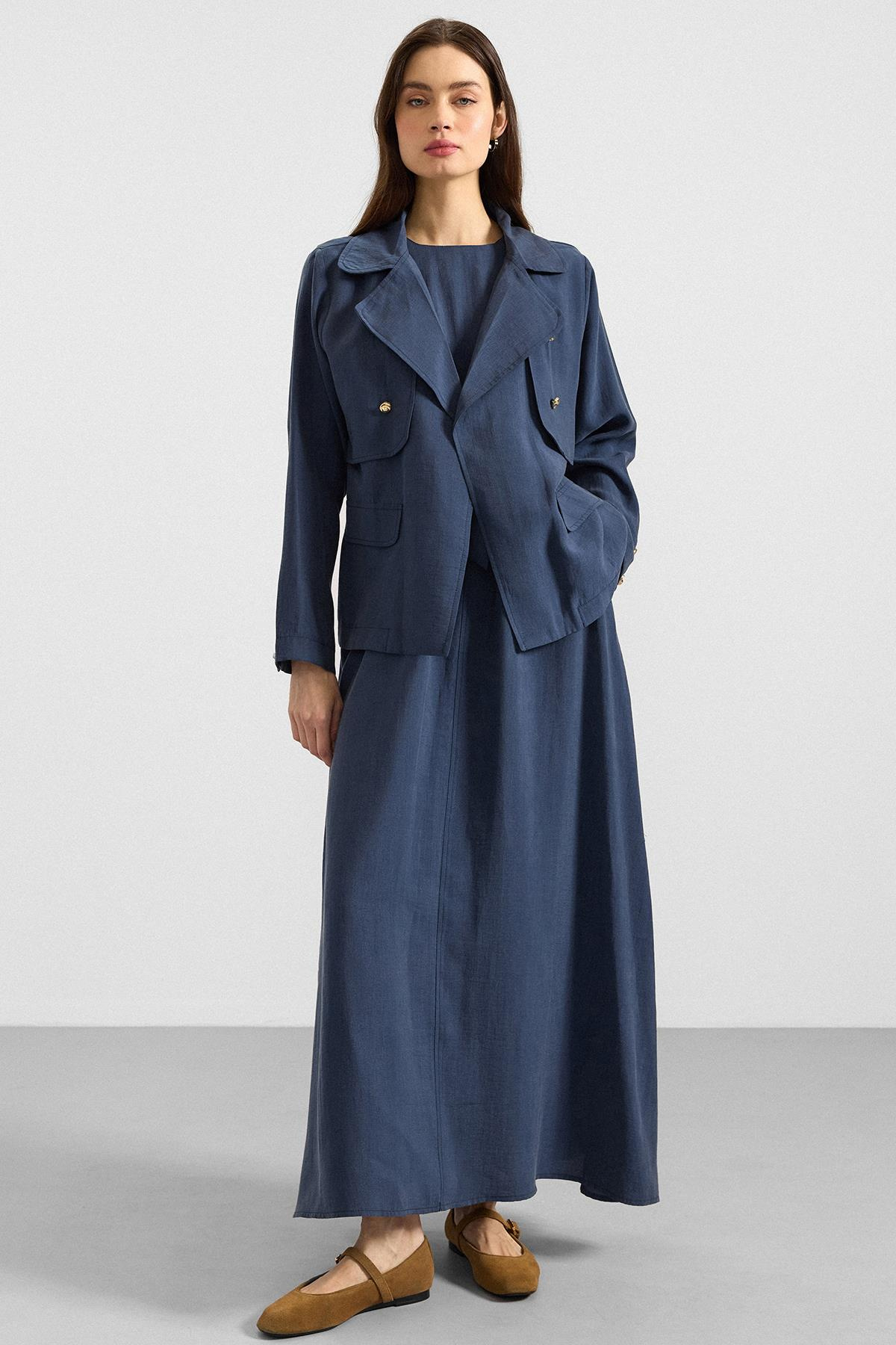 Ceketi Metal Aksesuarlı Soft Kumaş Elbise Ceket İkili Takım İNDİGO 9391-TK