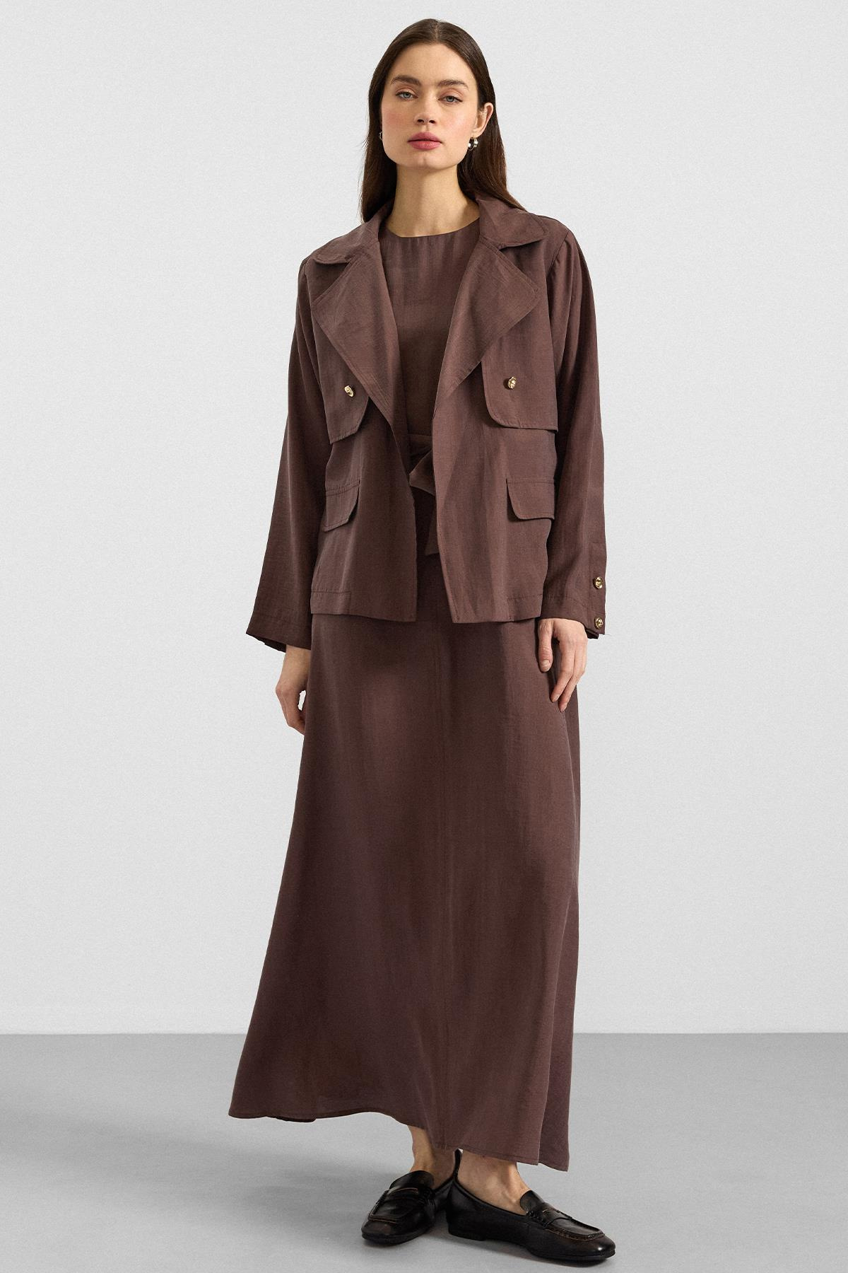 Ceketi Metal Aksesuarlı Soft Kumaş Elbise Ceket İkili Takım KAHVE 9391-TK
