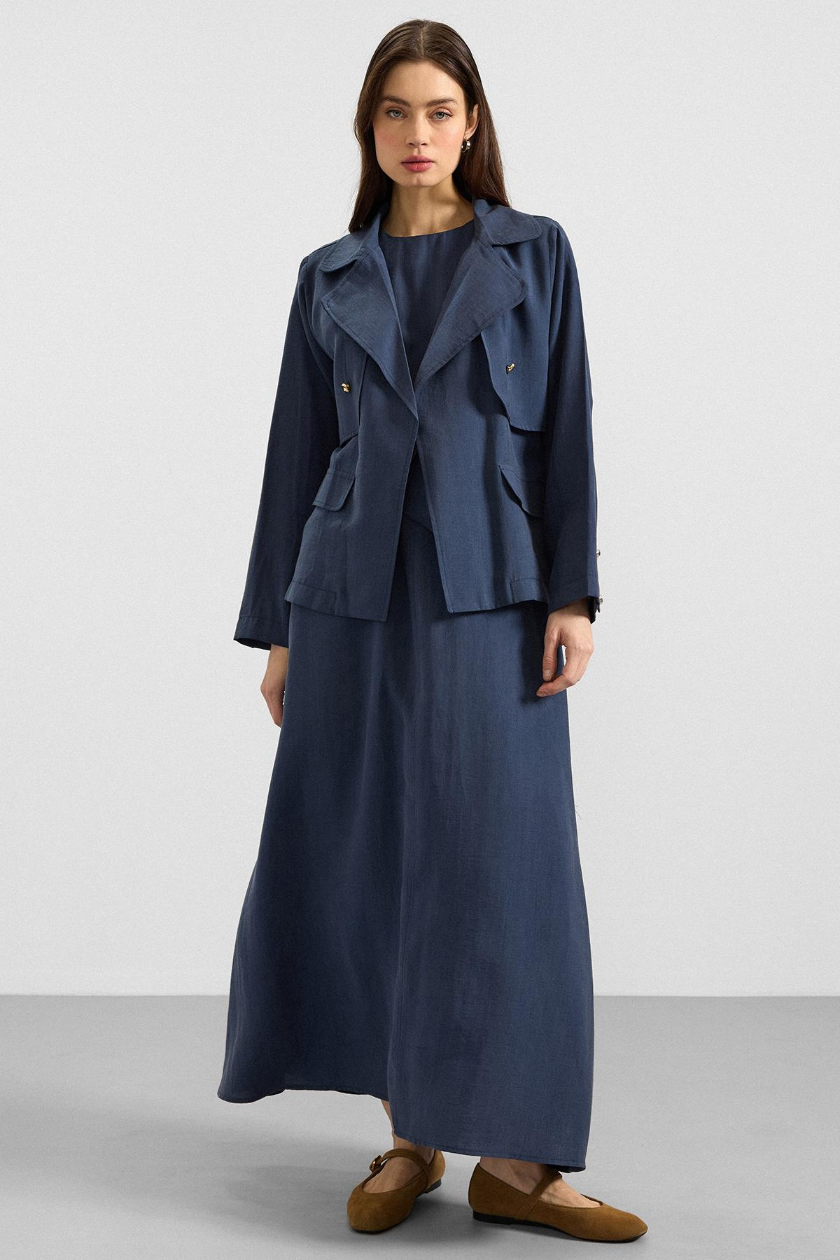 Ceketi Metal Aksesuarlı Soft Kumaş Elbise Ceket İkili Takım İNDİGO 9391-TK