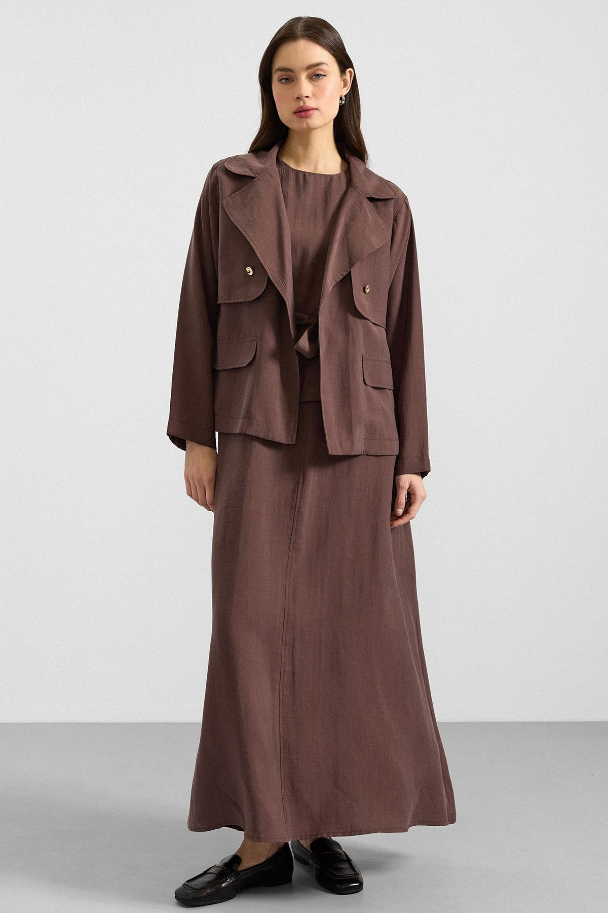 Ceketi Metal Aksesuarlı Soft Kumaş Elbise Ceket İkili Takım KAHVE 9391-TK
