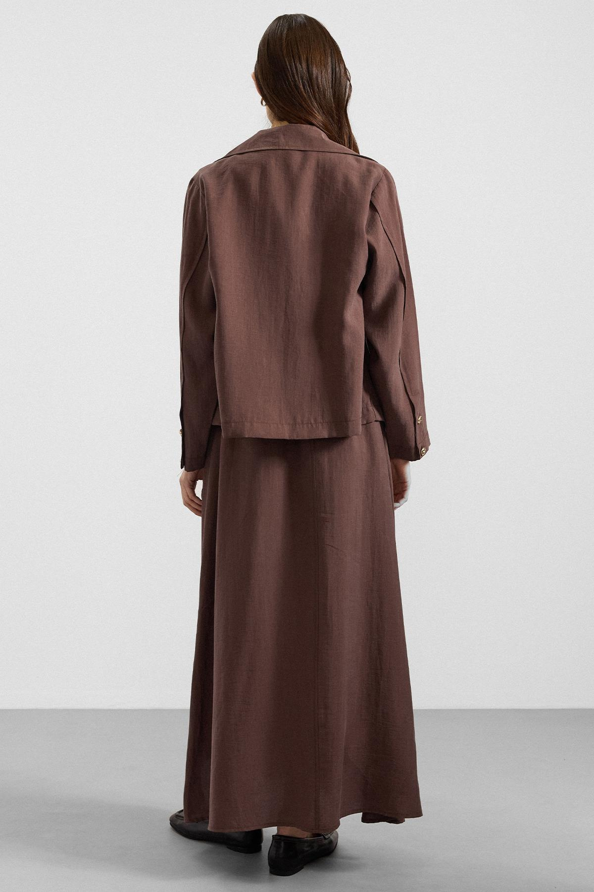 Ceketi Metal Aksesuarlı Soft Kumaş Elbise Ceket İkili Takım KAHVE 9391-TK