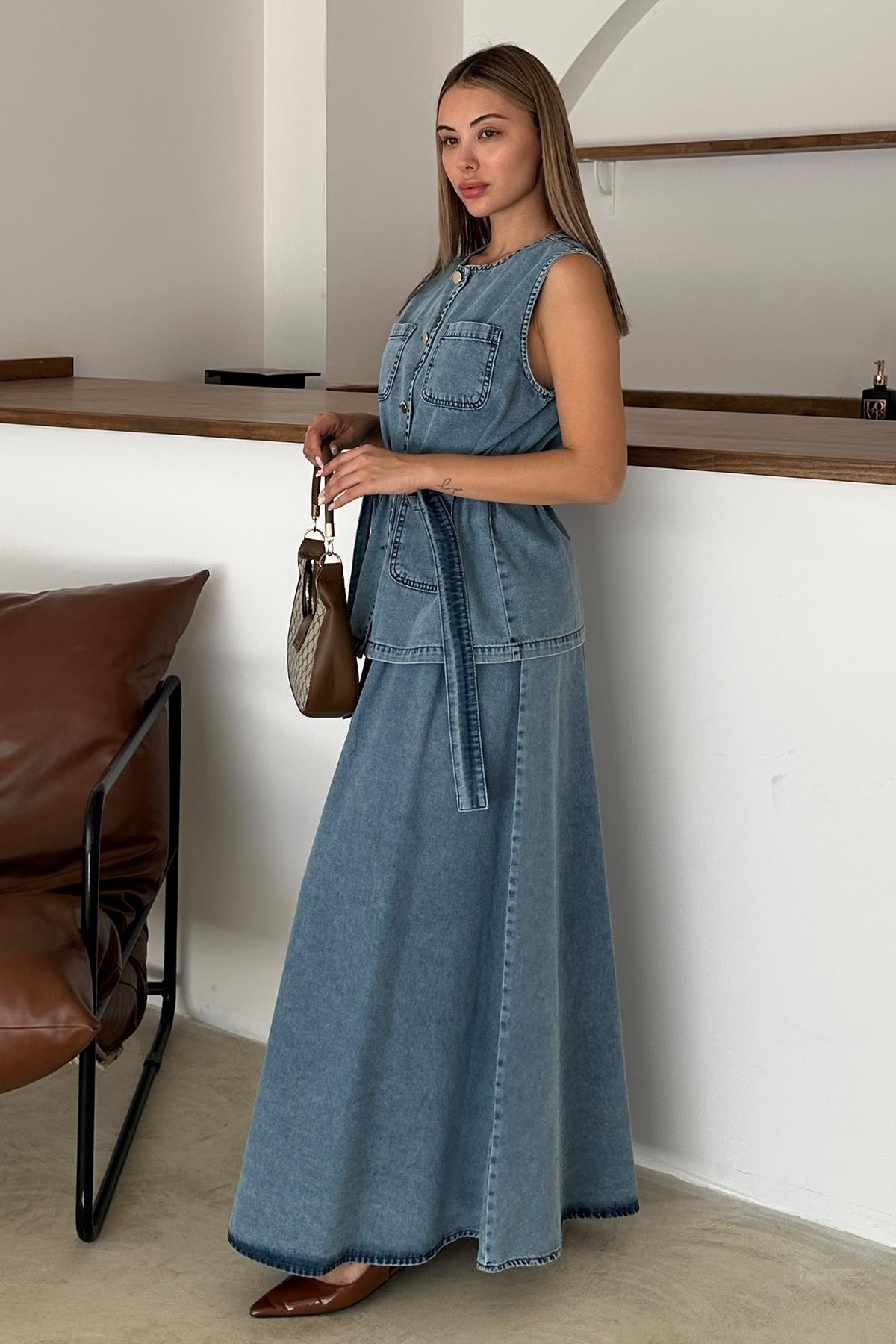 Cep Detaylı Yelek Etek Denim Takım MAVİ 9377-TK