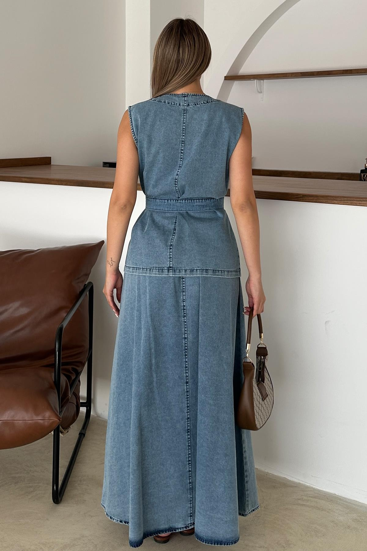 Cep Detaylı Yelek Etek Denim Takım MAVİ 9377-TK