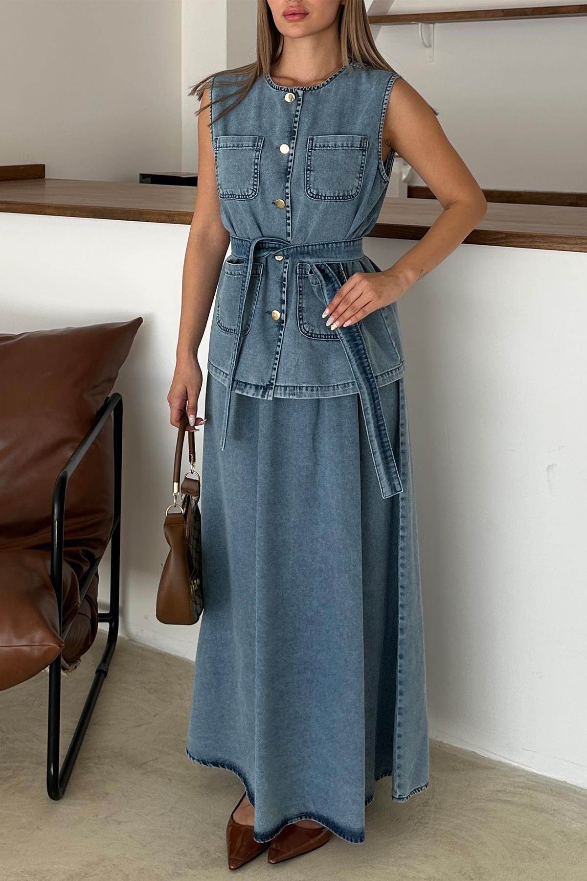 Cep Detaylı Yelek Etek Denim Takım MAVİ 9377-TK